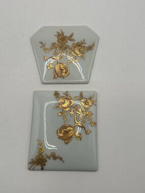 F.M. Limoges France Porcelain Floral Gold Gilt Plaques Tiles Set of 2 Vintage